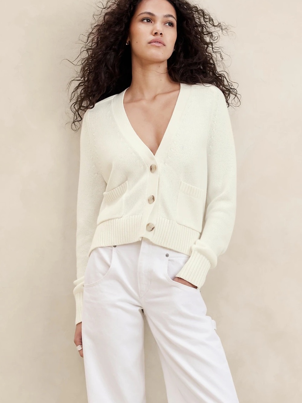 Banana Republic Demi Cotton-Silk Classic Cardigan Cream